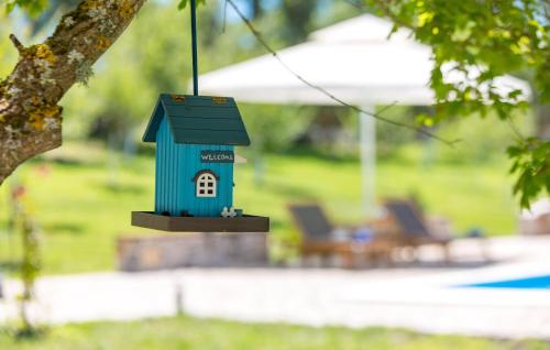 a blue bird house hanging from a tree at Awesome Home In Gracac With Sauna in Gračac