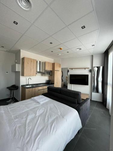 a bedroom with a bed and a couch and a kitchen at Apartamentos - Mirasur in Parla