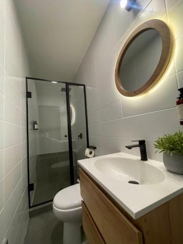 a bathroom with a toilet and a sink and a mirror at Narea San Bartolo in San Bartolo