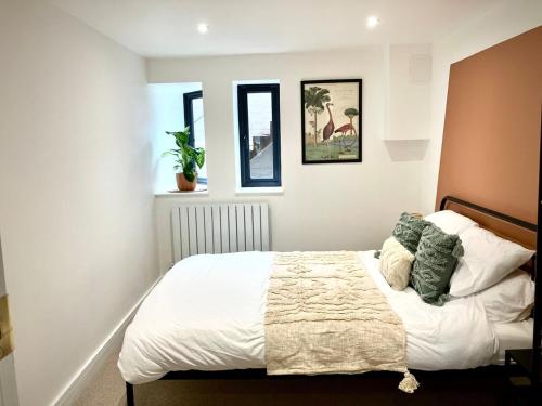 a bedroom with a bed and two windows at City Centre Garden Apartment in Exeter
