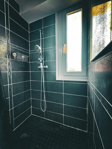 La salle de bains est pourvue d'une douche et d'une fenêtre. dans l'établissement Studio équipé St cloud proche Paris - La Défense, à Saint-Cloud