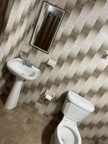 a bathroom with a sink and a toilet and a mirror at ESTANCIA CASA DE PIEDRA casa 2 in San Isidro