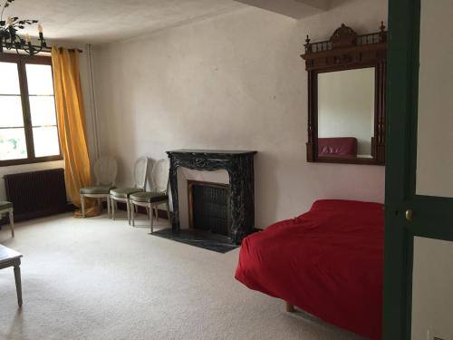 a bedroom with a bed and a mirror and a fireplace at Cœur de Herisson in Hérisson