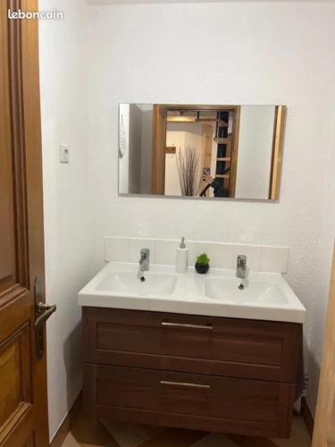 une salle de bain avec un lavabo et un miroir dans l'établissement Maison cosy avec piscine à Liffol-le-Grand, 42 m², à Liffol-le-Grand