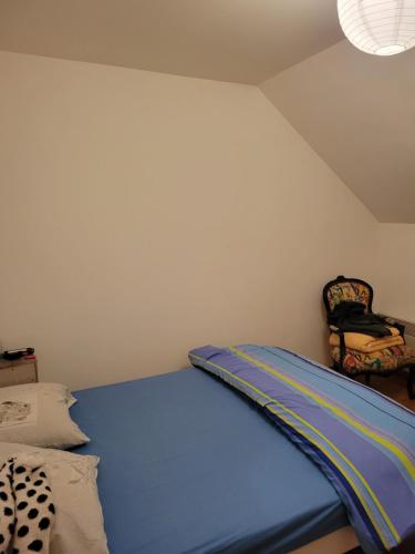 - un lit bleu dans une chambre avec plafond dans l'établissement Duplex dans havre de paix, sur le GR3 proche Loire et Canal, à Chécy