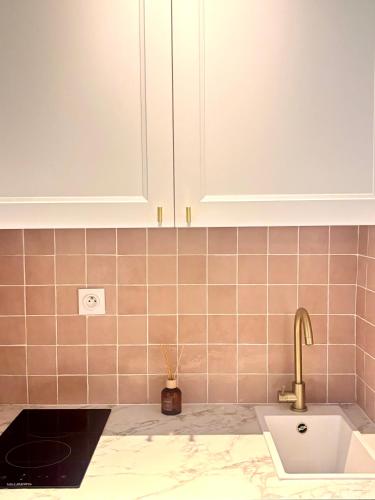 La cuisine est équipée d'un évier et d'une armoire blanche. dans l'établissement La Suite Saint-Sébastien, à Paris