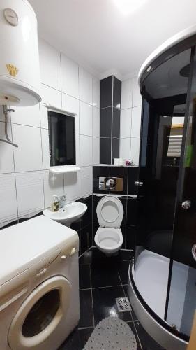 Un baño pequeño con inodoro y lavabo. en Hana apartman 08, en Sarajevo