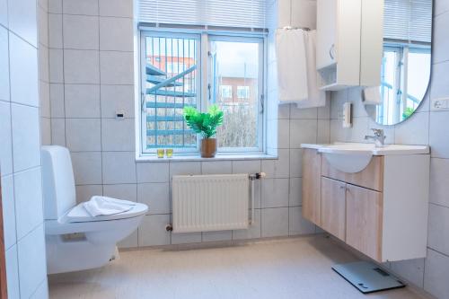 a bathroom with a toilet and a sink and a window at Hotel Palads Apartments in Viborg