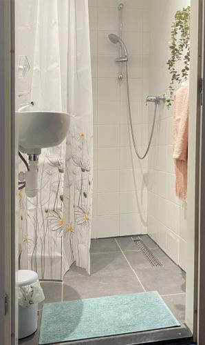 a bathroom with a sink and a shower with a shower curtain at B&B De Kunstpraktijk in Veldhoven