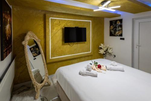 a bedroom with a bed with a mirror and a tv at Matija Lux in Kraljevo