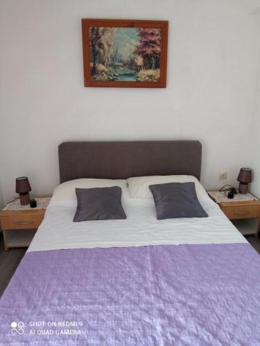 a bedroom with a large bed with a purple blanket at Apartments Vesna in Ribarica