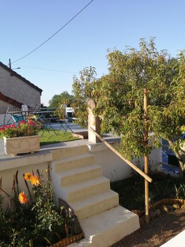 a set of stairs in a yard with a tree at Esprit de famille in Saint-Agnan-sur-Loire