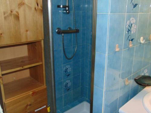 La salle de bains est pourvue d'une douche et d'un mur en carrelage bleu. dans l'établissement Studio cosy 2 pers. avec balcon, centre Chamonix, proche commerces et pistes sk - FR-1-517-23, à Chamonix-Mont-Blanc