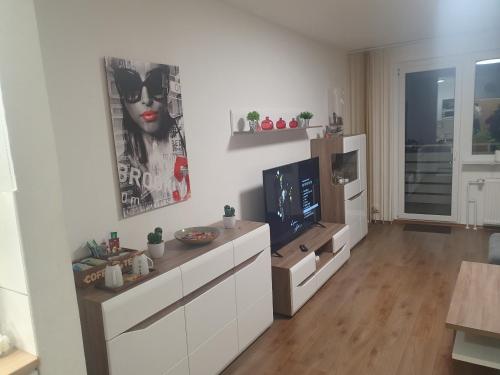 a living room with a flat screen tv on a cabinet at Life Modern, Smart Appartment Balkon in Plettenberg