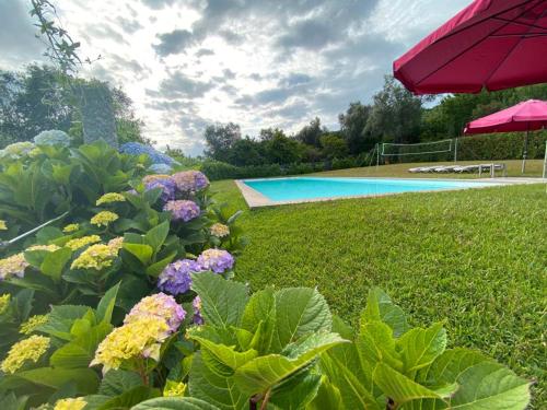 a garden with flowers and an umbrella next to a swimming pool at Meiros House Tourism and Nature by Gerês Casas in Amares