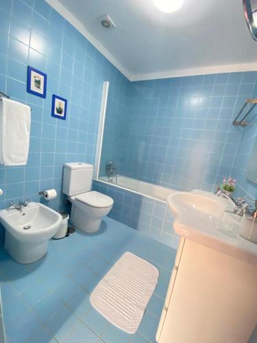 a blue bathroom with a toilet and a sink at Meiros House Tourism and Nature by Gerês Casas in Amares