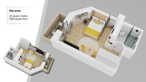 a rendering of a floor plan at AIASTAY Bucharest River Apartments in Bucharest