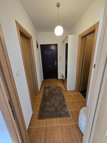 a hallway with a door and a rug on the floor at K&A apartman in Bijeljina