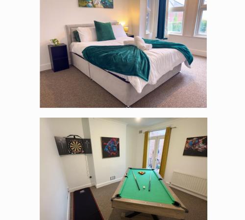 a bedroom with a bed and a pool table at Amorly House - Sleeps 8 Free Permit Parking Big Spacious With Games Room in Norwich