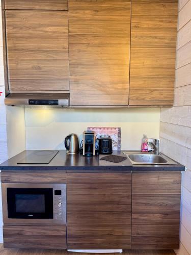 a kitchen with a sink and a microwave at Le Pelevos - Studio ISOLA 2000 in Isola