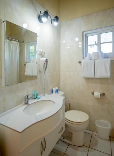 a bathroom with a sink and a toilet and a mirror at Beyond Sunset Resort & Villas in Treasure Beach
