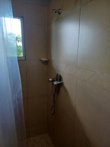 a bathroom with a shower with a shower head at Claricia's 1 bedroom ,1 bathroom furnished Apt in Friar's Bay