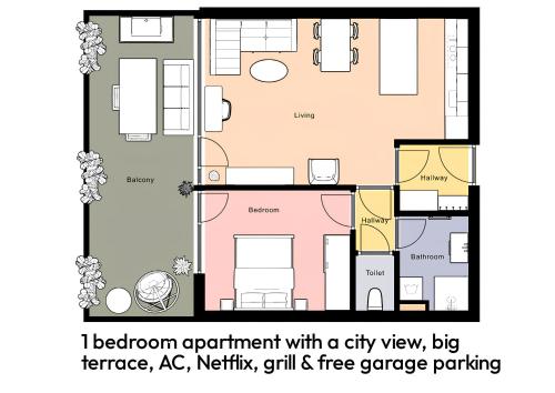 a floor plan of a apartment with a city view big fireplace ac at Fully equipped Apartments with Terraces, Free garage parking, Netflix & AC - by Apartmány Šlapanice cz in Šlapanice