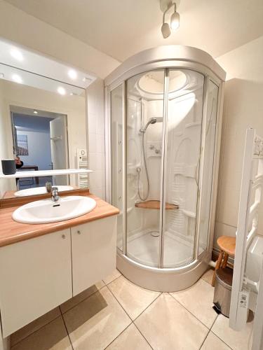 une salle de bain avec douche et lavabo dans l'établissement Les diablotines - 6 couchages 2 sdb - proche plage, à Cabourg