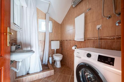a washing machine in a bathroom with a toilet at Vladivostok Apartments in Tivat