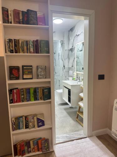 a bathroom with a book shelf with books at Isea Studio Apartment in Korçë