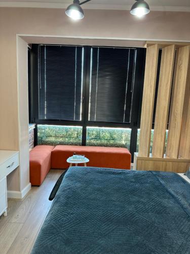 a bedroom with a bed and a couch in front of a window at Isea Studio Apartment in Korçë