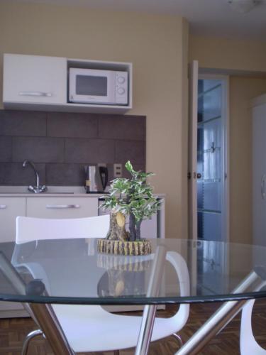 a glass table in a kitchen with a plant on it at Bolivian Rooms & Suites (Zona Sur) in La Paz