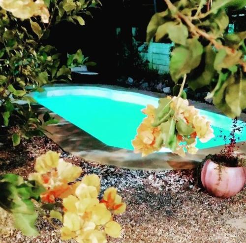 a swimming pool in a garden with flowers at El Bodegón Hostal Boutique in Punta Del Diablo
