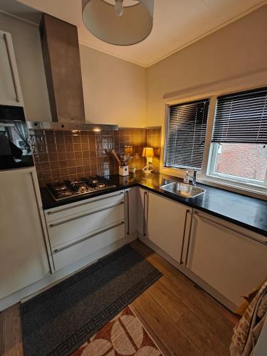 a kitchen with a sink and a stove at Alkmaar canal apartment in Alkmaar
