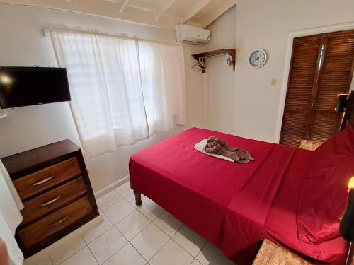 a bedroom with a red bed with a red blanket at Mom's Place Negril in Negril