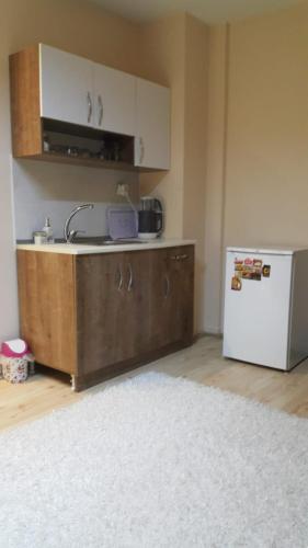 a kitchen with a counter and a refrigerator at Samlife Apart in Samsun