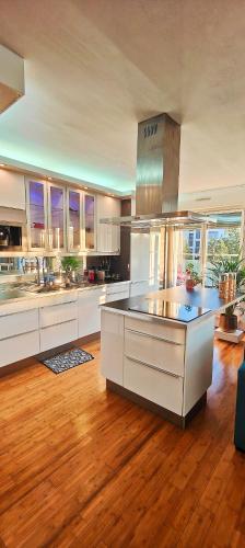 Il comprend une grande cuisine avec des placards blancs et du parquet. dans l'établissement La Maison Bleue de Strasbourg, à Strasbourg