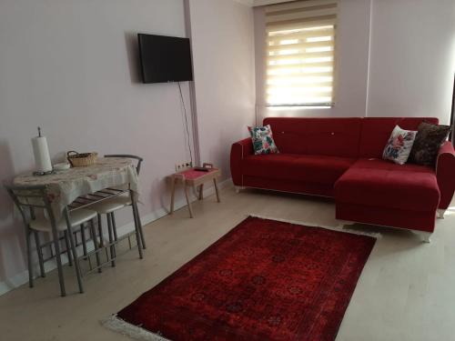 a living room with a red couch and a table at Samlife Apart in Samsun