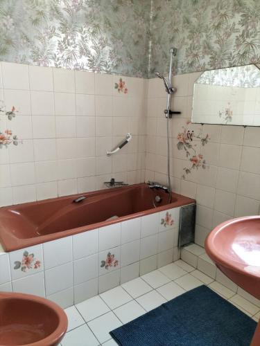 une salle de bain avec une baignoire et un lavabo dans l'établissement Au coeur d'un village creusois, à Néoux