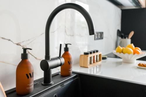 a kitchen sink with two bottles on a counter at La consulte - exceptional apartment in Saint-Étienne