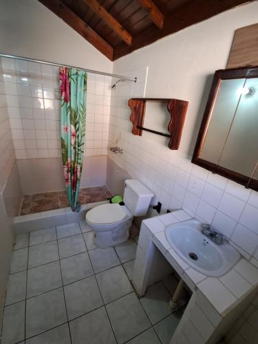 a bathroom with a toilet and a sink and a mirror at Mom's Place Negril in Negril