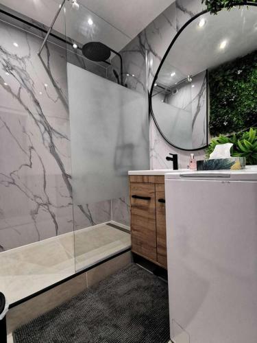 une salle de bain avec une douche, un lavabo et un miroir dans l'établissement Résidence Karukera - 2 Pièces 4 couchages PORT LEUCATE MAE-6974, à Port-Leucate