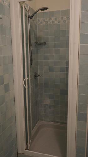 a shower with a glass door in a bathroom at Hotel Astoria in Fidenza