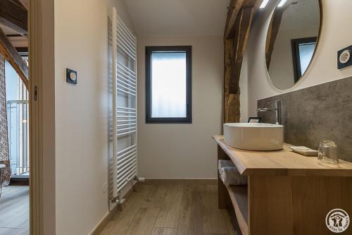 a bathroom with a sink and a mirror at La Ferme des Hautins - Chambres -d'Hôtes in Rieucazé