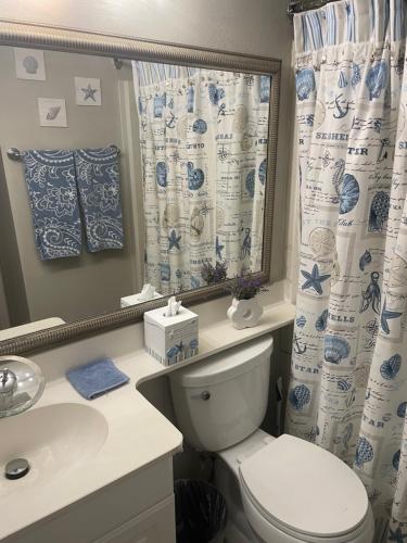 Un baño con inodoro, lavabo y cortina de ducha. en Casa Del Mar Galveston, en Galveston
