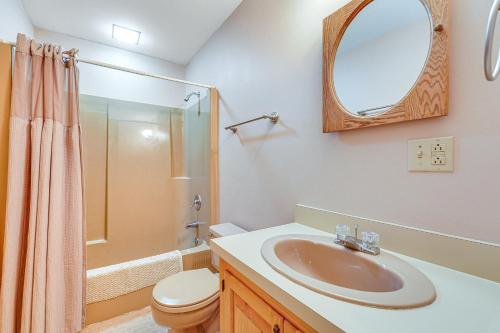 a bathroom with a sink and a toilet and a mirror at Family-Friendly Ludlow Cabin on Lake Pauline! in Ludlow