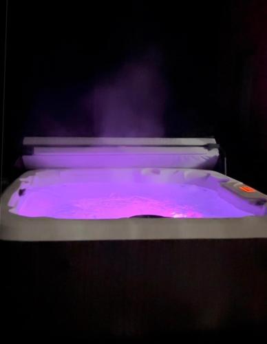a tray filled with purple dye on a stove at Sauger home in Saugerties