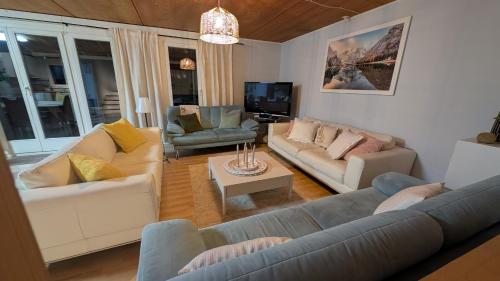a living room with two couches and a tv at Casa14 - Swiss houses in Steffisburg