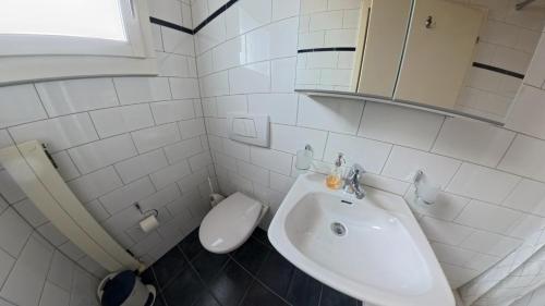 a bathroom with a sink and a toilet at Casa14 - Swiss houses in Steffisburg
