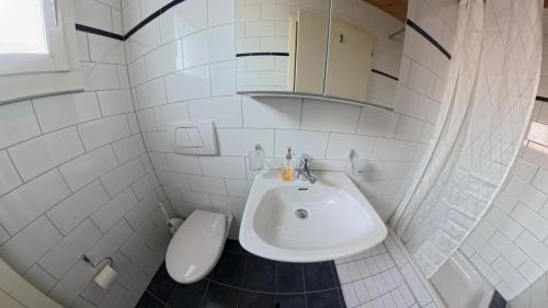 a white bathroom with a sink and a toilet at Casa14 - Swiss houses in Steffisburg